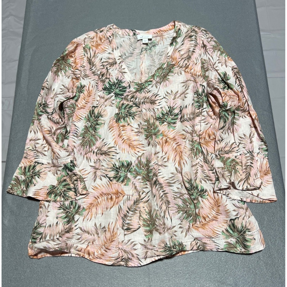 J.Jill Love Linen Tropical Palm Print V-Neck Tunic Top Pink Green Small 245211